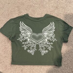 Olive Green Crop Top with Heart and Wings